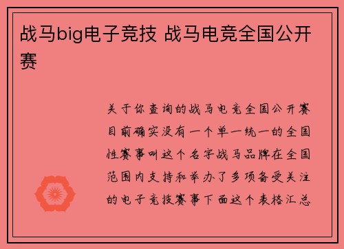 战马big电子竞技 战马电竞全国公开赛